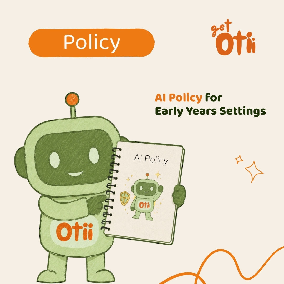 Otii mascot holding a notebook titled "AI Policy," tagged "Policy"
